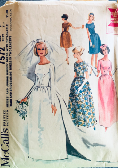 60s Bell Skirt Wedding Dress w/ Train & Cummerbund Waist Bridal Prom Bridesmaid Gown Petite Princess Seam Vintage Sewing Pattern McCalls 7572 B31
