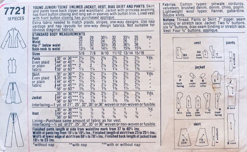 70s Menswear Inspired Vest Straight Leg Pants Jacket Bias Skirt Juniors Petite Vintage Sewing Pattern Simplicity 7721 B30-32