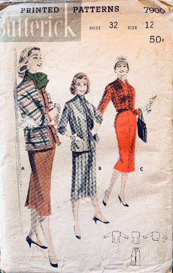 50s Pencil Skirt w/ Cardigan Jacket w/ Sleeveless Option Vintage Petite Sewing Pattern Butterick 7900 B32