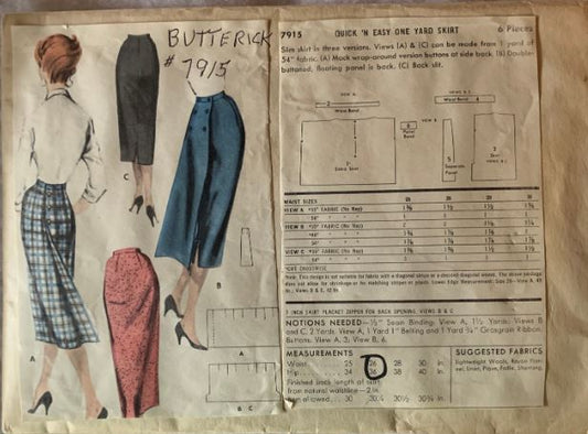 50s Midi Skirt Pattern Mock Wrap Skirts Vintage Sewing Pattern Butterick 7915 W26