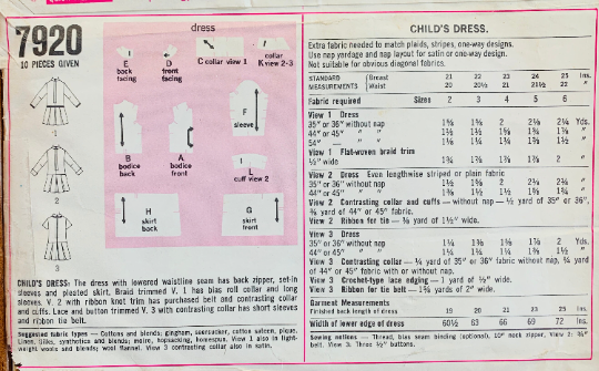 Girls Drop Waist Long Sleeve School Dress Pleated Skirt Sewing Pattern Simplicity 7920 Size 6