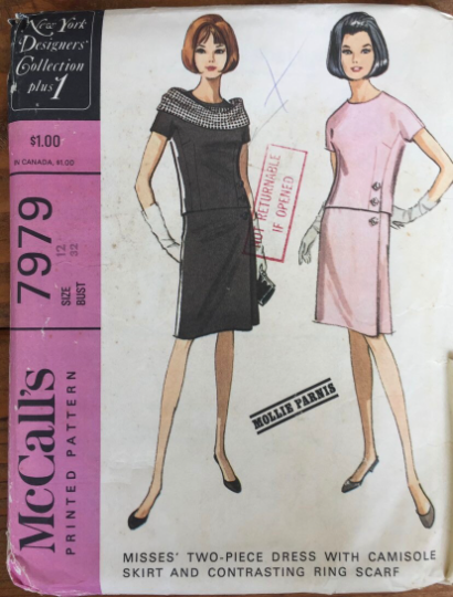 60s Short Sleeve Portrait Neckline Asymmetrical Suit Skirt Dress Designer Mollie Parnis Petite Vintage Sewing Pattern McCall's 7979 B32