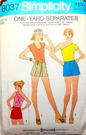 70s Misses Fly Front Shorts w/ Pockets Knit One Shoulder Top Short Sleeves One Yard Separates Vintage Sewing Pattern Simplicity 8037 B36