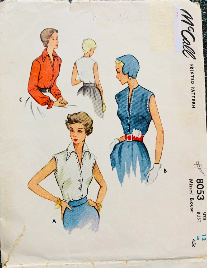 50s Sleeveless Blouse w/ Wing Collar Bishop Sleeves French Cuffs Tops Petite Vintage Sewing Pattern McCall 8053 B30