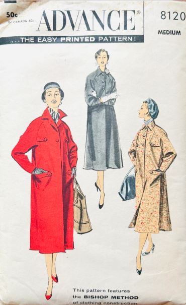 50s Womens Straight Long Winter Coat Outerwear Vintage Sewing Pattern Advance 8120 Medium