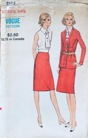 70s Fitted Womens Suit Sleeveless Top w/ Tie A Line Skirt V Neck Blazer Jacket Vintage Petite Sewing Pattern Vogue 8143 B32