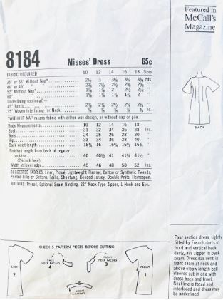 60s A LIne Shift Dress w/ Bell Sleeves Easy Vintage Sewing Pattern McCalls 8184 B36