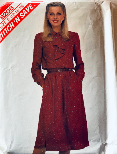 80s Ladies Blouse & Flared Skirt Pockets Jabot Front Button Top Plus Size Wounded Bird Vintage Sewing Pattern McCalls 8206 12 14 16