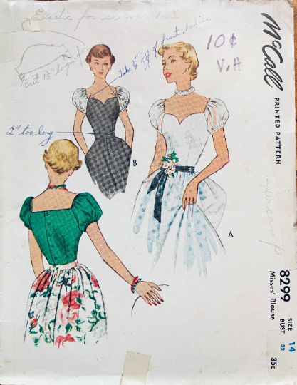 50s Puff Sleeve Scoop Neck Top Fitted Button Back Sweetheart Neckline Blouse Petite Vintage Sewing Pattern McCall 8299 B32