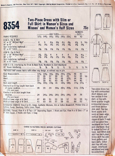 60s Ladies Suit w/ Princess Seams Bow Trim Straight or A Line Skirt Half Size Plus Size Vintage Sewing Pattern 8354 B39