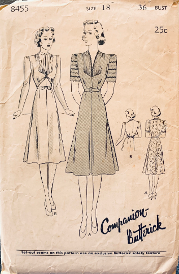 40s Shirred Bodice Day Dress w/ Sleeve Options Vintage Sewing Pattern Butterick 8455 B36