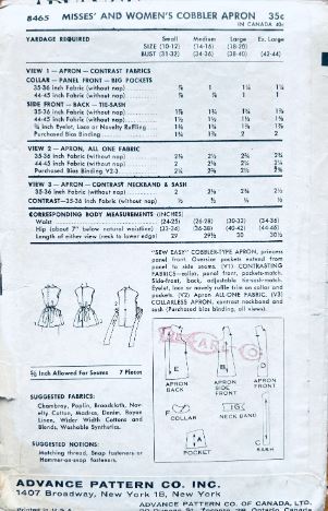 50s Full Apron Cobblers Aprons Pinafore Pinny Vintage Sewing Pattern Advance 8465 M