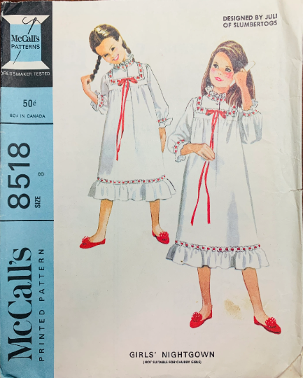 Victorian Inspired Girls Long Nightgown Sleepwear Sewing Pattern McCalls 8518 Size 8