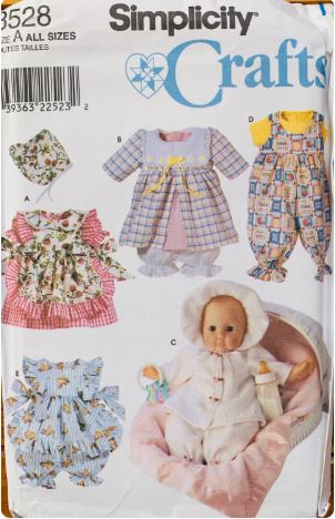 Doll Dress Romper Bonnet Dresses Wardrobe Sewing Pattern for 3 Sizes of Dolls Simplicity 8528