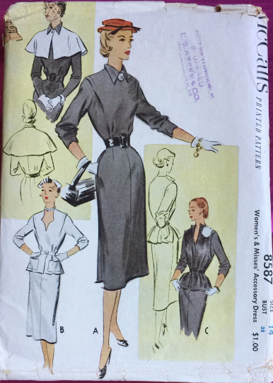 50s Classic Fitted Sheath Dress Suit Capelet Peplum Dress Vintage Petite Sewing Pattern McCalls 8587 B32