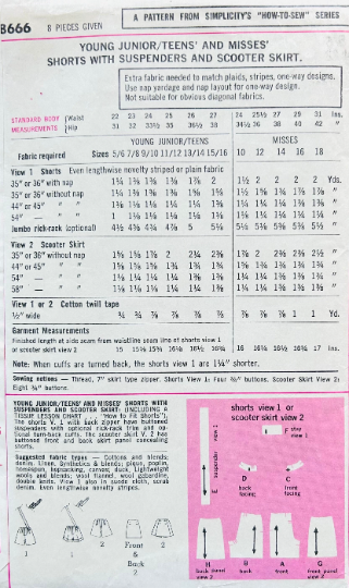 60s Suspender Shorts Leiderhosen Scooter Skirt Skort Easy Petite Sewing Pattern Simplicity 8666 W22
