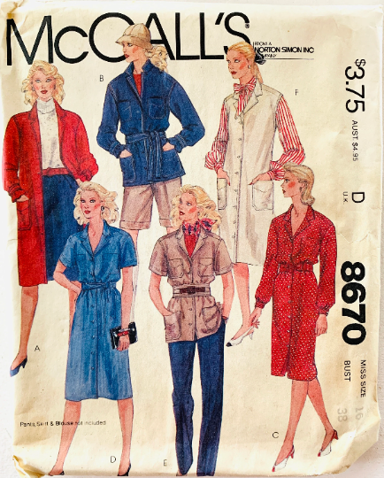 80s Womens Wardrobe Pattern Wrap Jacket Button Front Jacket Shirtwaist Dress Straight Leg Pants w/ Pockets Plus Size Vintage Sewing Pattern McCalls 8670 B38