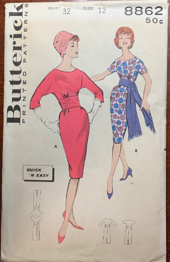 50s Curve Hugging Wiggle Dress Mankiller w Cummerbund Waistline Petite Vintage Sewing Pattern Butterick 8862 B32