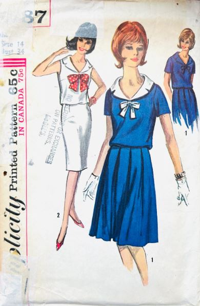 60s Sailor Collar Blouson Dress Summer Dresses Sleeveless Nautical Detachable Collar Vintage Sewing Pattern Simplicity 5787 B34