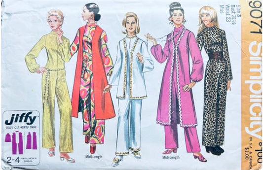 70s Womens Straight Leg Jumpsuit Jump Suit w/ Duster Long Vest Petite Easy Jiffy Patterns Vintage Sewing Pattern Simplicity 9071 B31