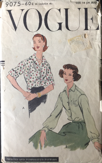 50s Button Front Blouse Pointed Peter Pan Collar Bishop Sleeve Secretary Top Vintage Sewing Pattern Vogue 9075 B34