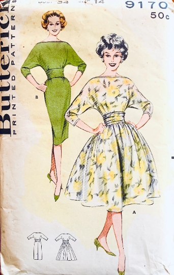 60s Bateau Neck Dresses Dolman Sleeve Cummerbund Sheath or Fit N Flare Party Dress Butterick 9170 B34