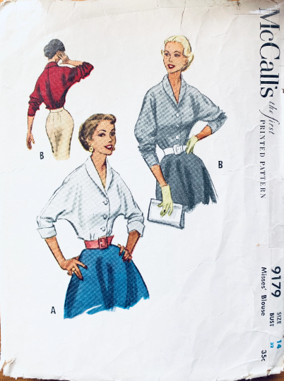 50s Classic Button Front Blouse w/ Dolman Sleeves Shawl Collar Petite Vintage Sewing Pattern McCalls 9179 B32