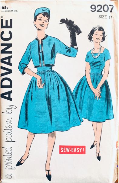 50s 60s Fit N Flare Day Dress Womens Suit w/ Cropped Jacket Vintage Sewing Pattern Advance 9207 B33