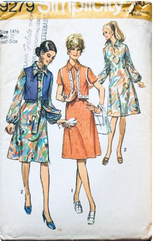 70s Bishop Sleeve A Line Dress w/ Matching Vest & Sleeve Variations Modest Half Size Vintage Sewing Pattern Simplicity 9279 B37