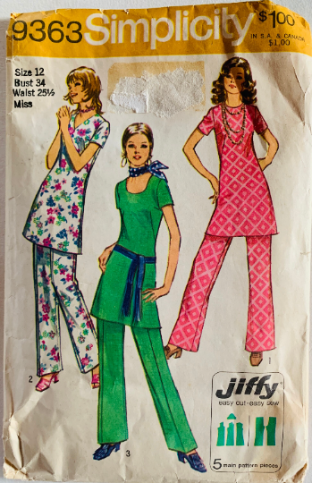 70s Pantsuit Tunic Top Flared Pants Pant Suit Sewing Pattern Simplicity 9363 B34