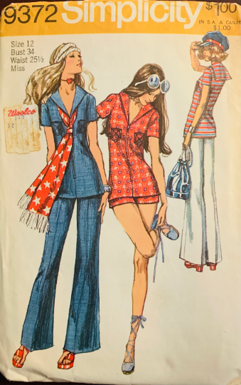 70s Sailor Top Hippie Chick Nautical Influence Middy Shirt Hot Pants Short Flared Pants Vintage Sewing Pattern Simplicity 9372 B34