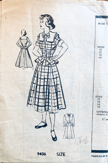40s Pilgrim Collar Peplum Fit N Flare Dress Petite Sewing Pattern Mail Order 9406 B32