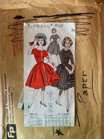 60s Fit n Flare Day Dress w/ Nipped Waist Sleeve & Collar Options Scalloped Placket Vintage Sewing Pattern Butterick 9428 B34