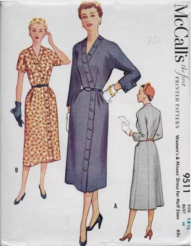 50s Asymmetrical Button Trimmed Wrap Dress Plus Size Vintage Sewing Pattern McCalls 9511 B39