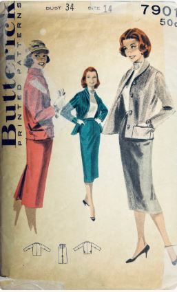 50s Womens Boxy Suit w/ Shawl Collar Jacket & Straight Skirt Vintage Sewing Pattern Butterick 7901 B34