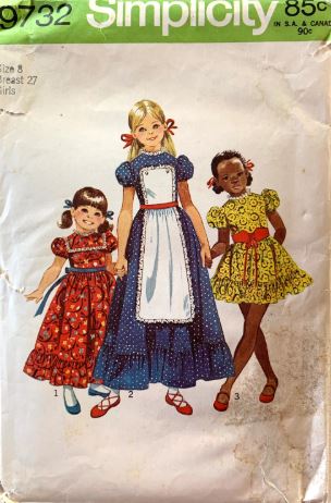 Girls Pinafore Dress in Two Lengths Prairie Prairiecore Maxi Mini Puff Sleeve Flower Girl Prairie Apron Vintage Sewing Pattern Simplicity 9732 Size 8