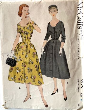 50s Fit N Flare Day Button Front Day Dress w/ Full Skirt & Unique Neckline Vintage Sewing Pattern McCalls 9779 B36