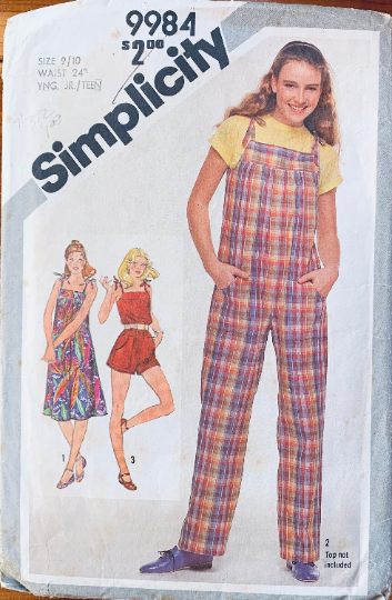 70s Girls Loose Jumpsuit Overalls Romper Playsuit Play Suit Sundress Sun Dress Petite Vintage Sewing Pattern Simplicity 9984 B30
