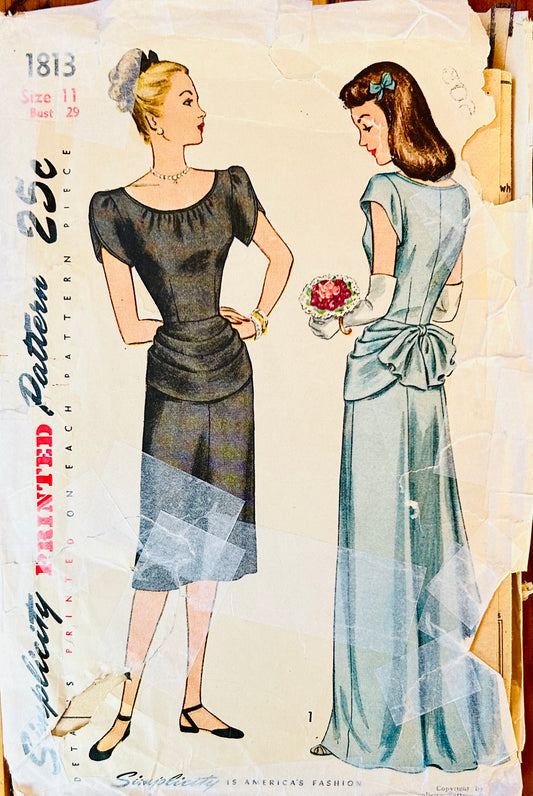 40s Formal Gown w/ Polonnaise Prom Wedding Dress Draped Skirt Petite Sewing Pattern Simplicity 1813 B29