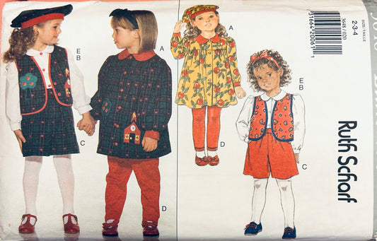 Toddler Button Front School Dress Vest Skirt Elastic Waist Pants & Shorts Leggings Blouse Beret Hat Toddlers Easy Childrens Sewing Pattern Butterick 3648 2
