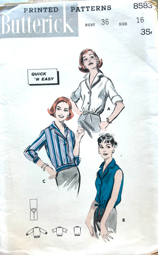 50s Quick N Easy Button Front Blouson Top Blouse Pattern w/ 3 Sleeve Options Butterick 8583 B36