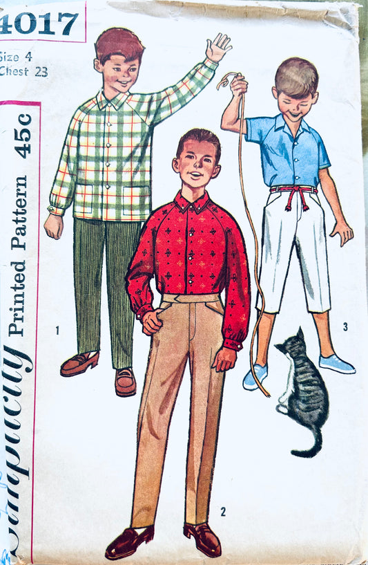 Toddler Boys Straight Leg Fly Front Pants in 2 Lengths Vintage Sewing Pattern Simplicity 4017 Size 4