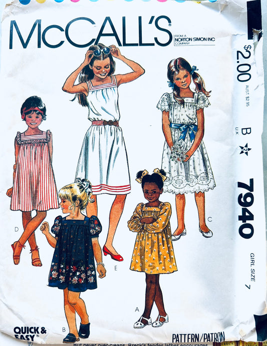 Girls Easy Square Neck Pullover Dress w/ Sleeve Variations or Sleeveless Summer Dresses Vintage Sewing Pattern McCalls 7940 Size 7