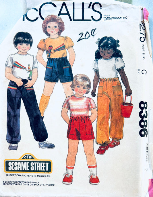 Easy Kids Sesame Street Clothing Pattern Elastic Waist Pants & Shorts T Shirt Tee Shirts & Iron On Transfer Vintage Sewing Pattern McCalls 8386 Size 2