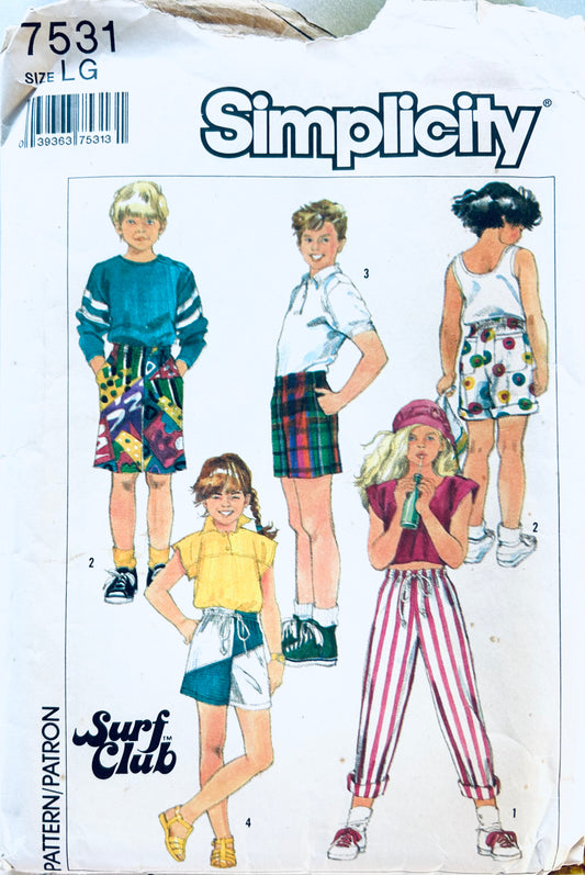 Kids Surft Shorts Long Skater Shorts Capris Cropped Pants Vintage Sewing Pattern Simplicity 7531 Large