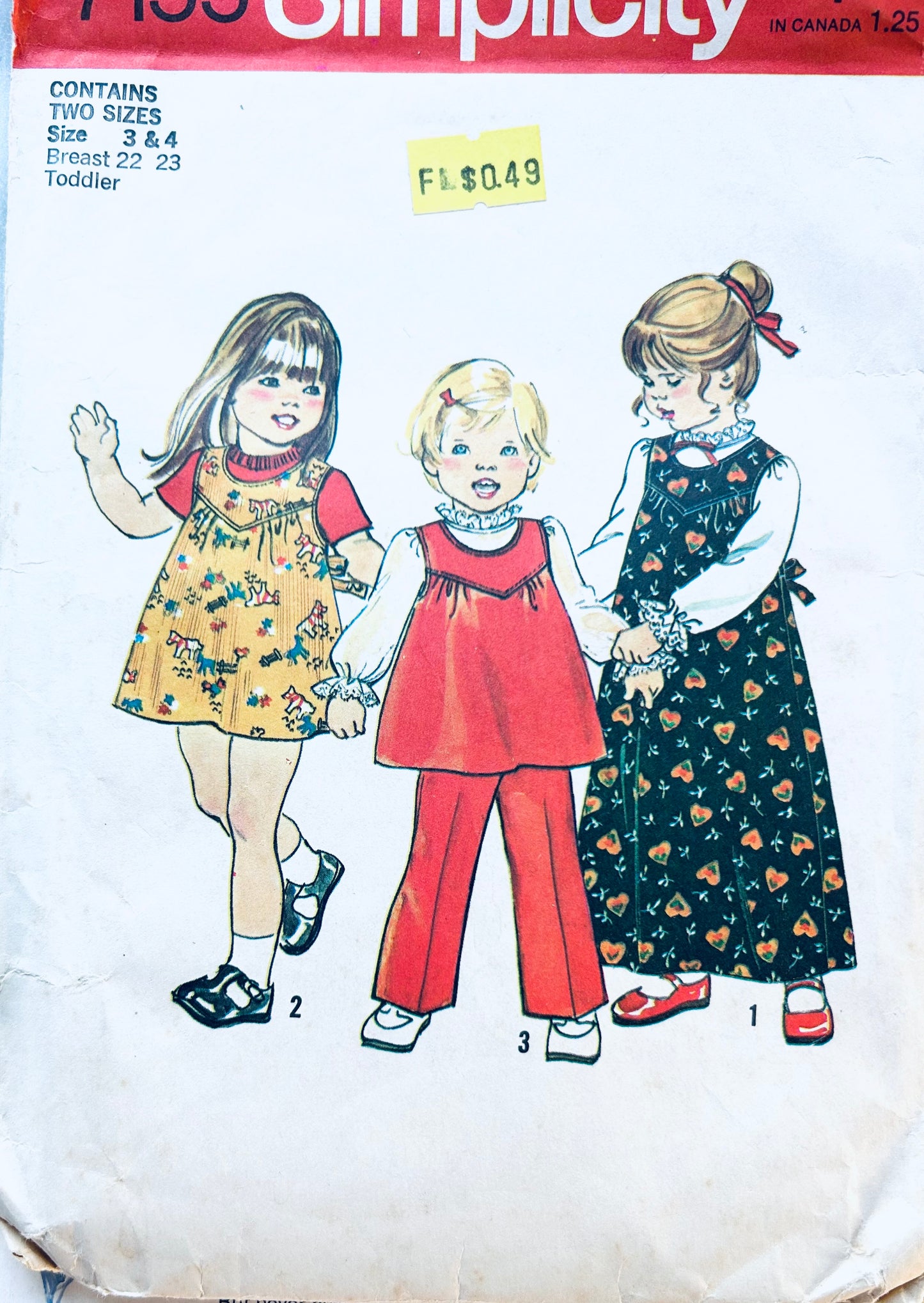 Toddler Jumper Dress in 2 Lengths Pants or Sleeveless Top  w/ Button Back Blouse Vintage Sewing Pattern Simplicity 7155 Size 3