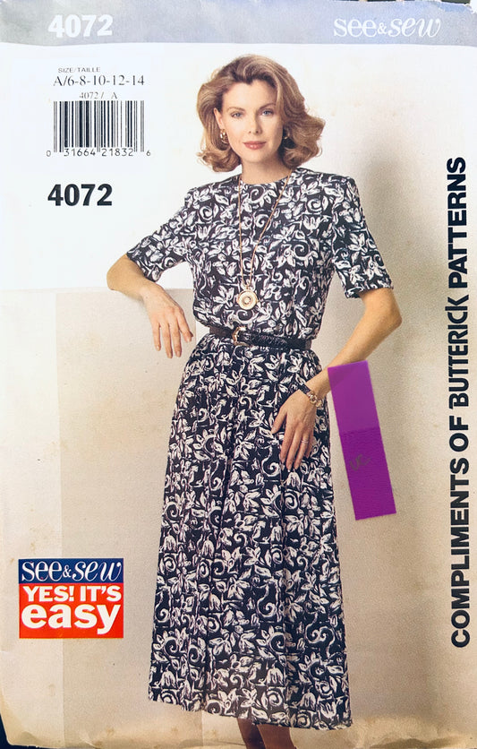 90s Pullover Short Sleeve Day Blouson Dress Flared Skirt Petite Vintage Sewing Pattern EASY See & Sew 4072 6 8 10 12 14