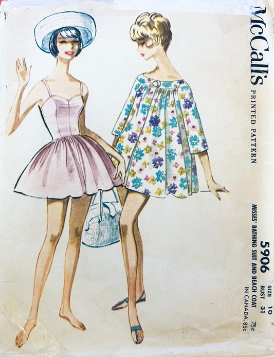 60s One Piece Swimsuit Boned Bodice & Trapeze Coverup Cover Up Bloomers Beach Coat Vintage Sewing Pattern McCalls 5906 B31