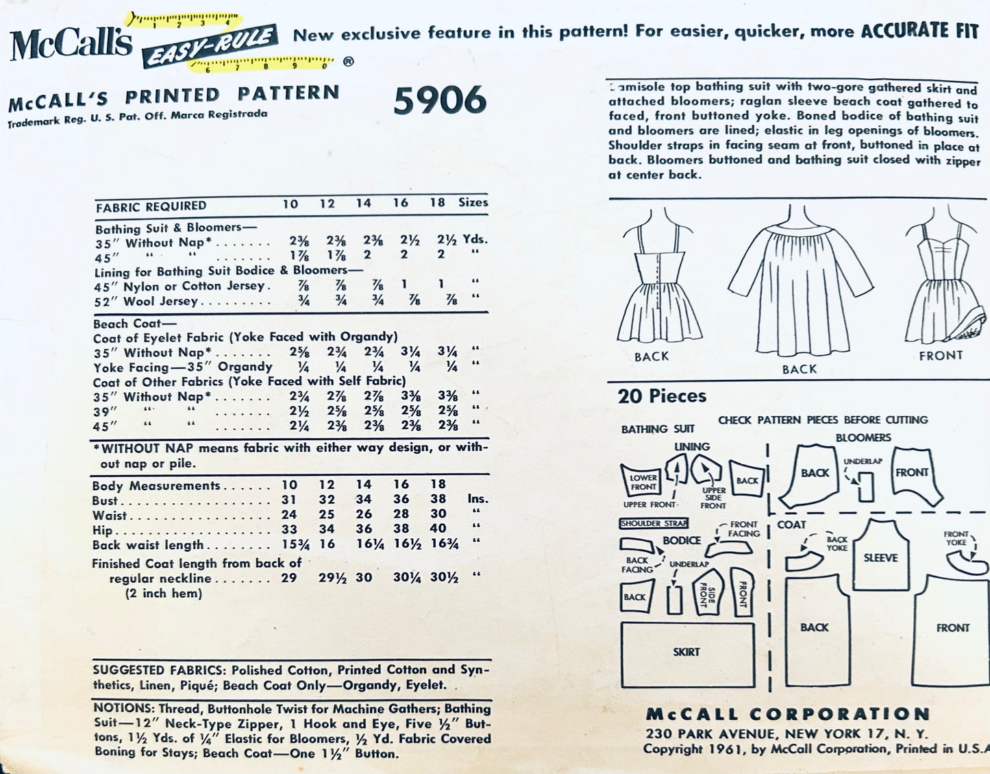 60s One Piece Swimsuit Boned Bodice & Trapeze Coverup Cover Up Bloomers Beach Coat Vintage Sewing Pattern McCalls 5906 B31