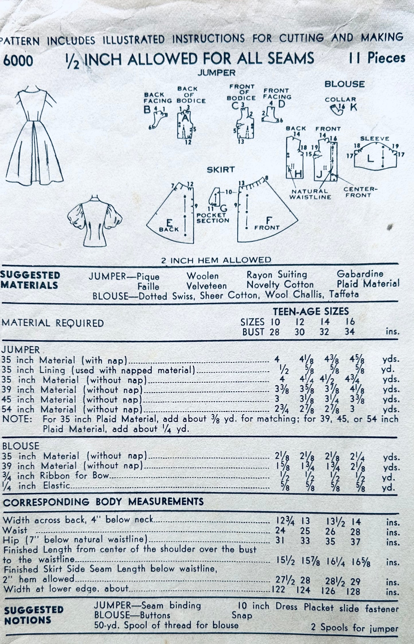 40s Sleeveless Jumper Dress w/ Scoop Neckline & Puff Sleeve Blouse Fit N Flare Dresses Juniors Advance 6000 B28